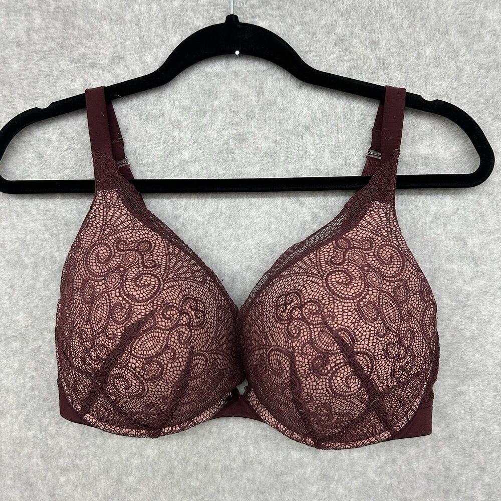Cacique 40DD Boost Plunge Bra Padded Underwire Burgundy Lace over Beige Cups